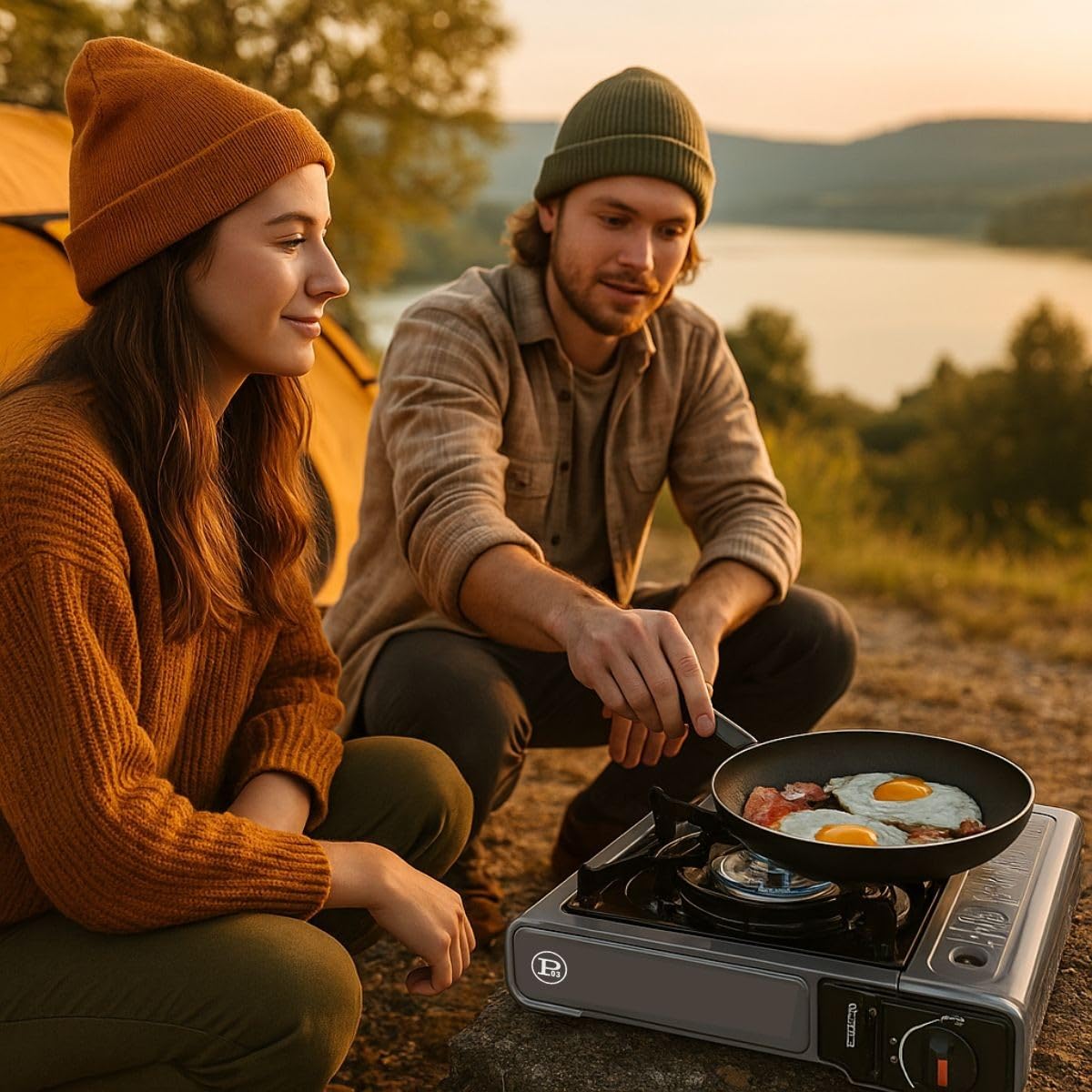 INTEC - Réchaud Gaz Portable 1 Feu 2,2 KW + 8 Cartouches gaz Butane incluses Allumage Piezo – Camping Randonnée Cuisine Extérieure