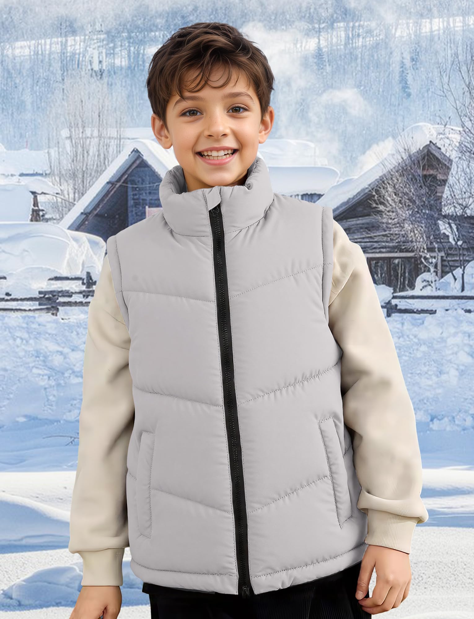 FEOYA Enfant Veste Matelassée Zippée Ado Sans Manche Doudoune Chaude Rembourré Garçon Sans Manche Manteau Légère Automne Gilet De Duvet Confortable D'Hiver D'Extérieur Coupe Vent Épais 7-14 Ans