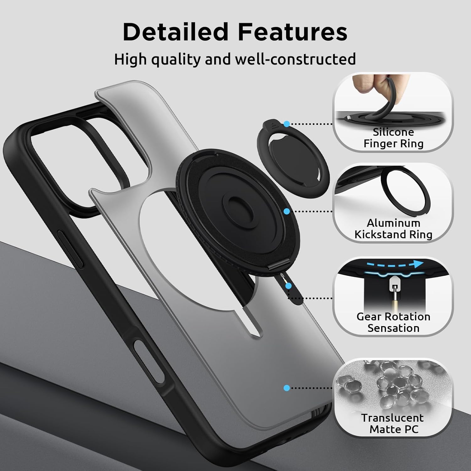 SURPHY 360° Magnetic Stand for iPhone 16 Pro Case with Finger Ring, Compatible with MagSafe, Ring Stand and Finger Ring Phone Case for 16 Pro 6.3 inch 2024, Frosted Black - Image 5