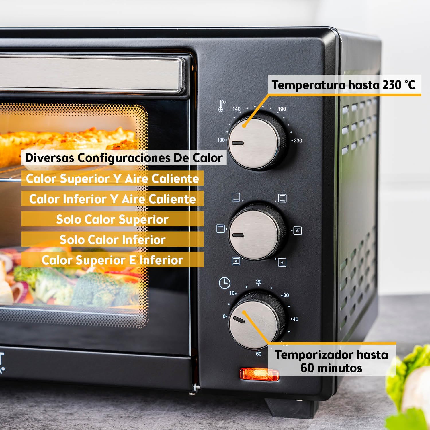 First Austria Mini Horno 30L 1600W Horno Eléctrico con Termostato 230°C Temporizador 60min 3 Alturas Bandeja Parrilla