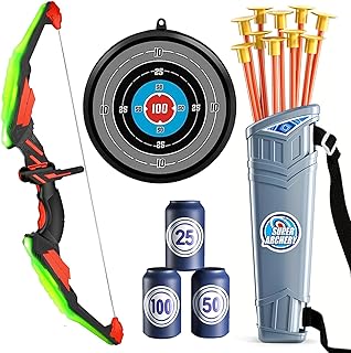 Detontek Juego De Arco y Flecha para Niños, 10 Flechas con Ventosa, Objetivo y Puntas De Flecha, Adecuado para Entrenamiento En Interiores y Exteriores