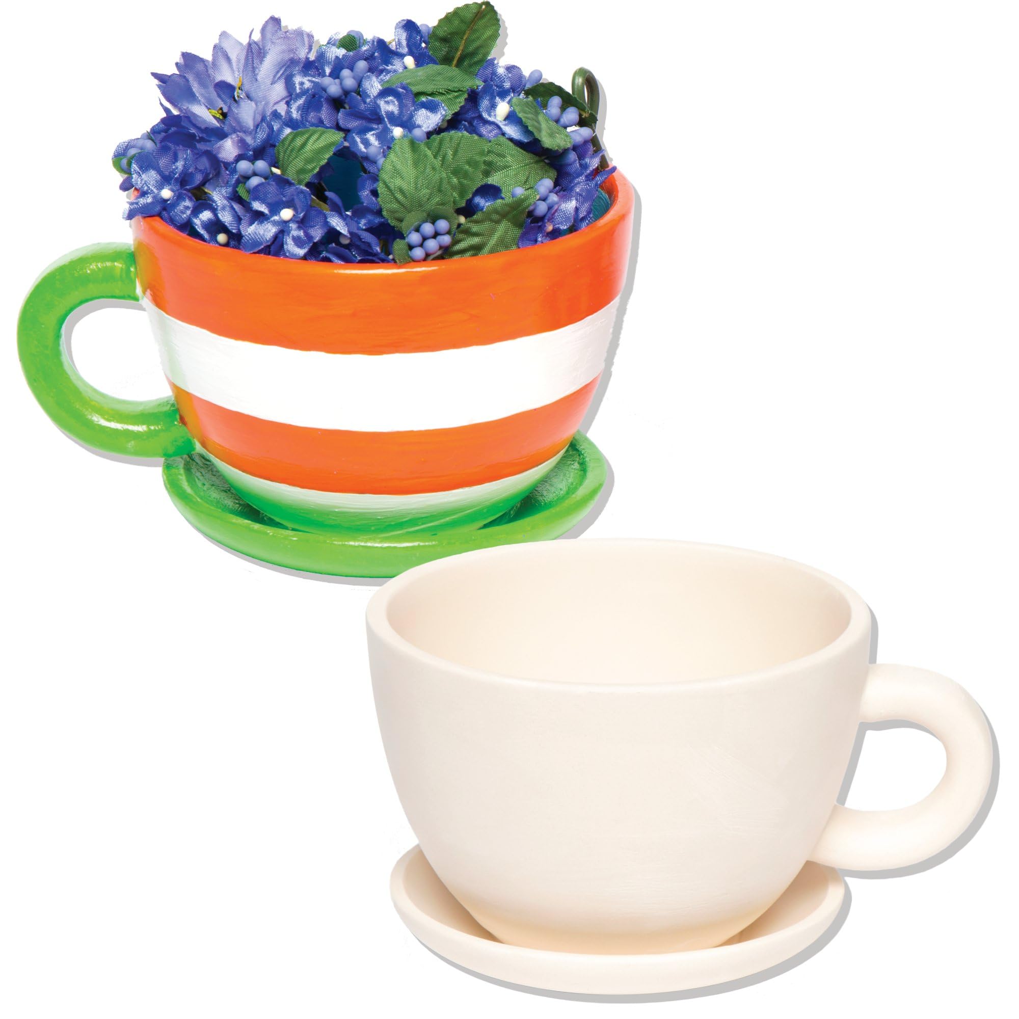 Baker Ross AC624 Cup and Saucer Ceramic Plant Pots - Pack of 2, Paint Your Own Plant Pots, Paintable Ceramics, Garden Planters