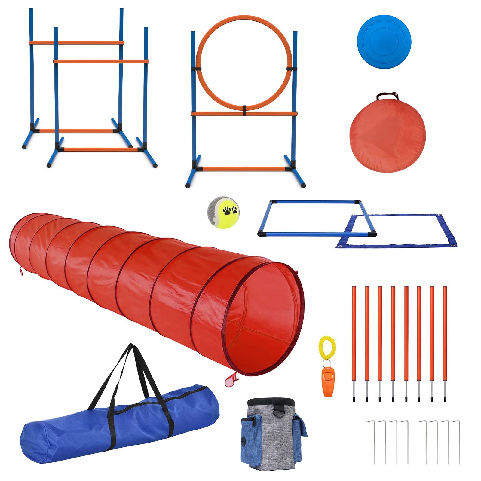 15 Piece Pets Agility Training Equipment, Obstacle Course Kit with Adjustable Dog Hoop, Dog Jump, Weave and Blind Poles, Pause Box for Outdoor Game