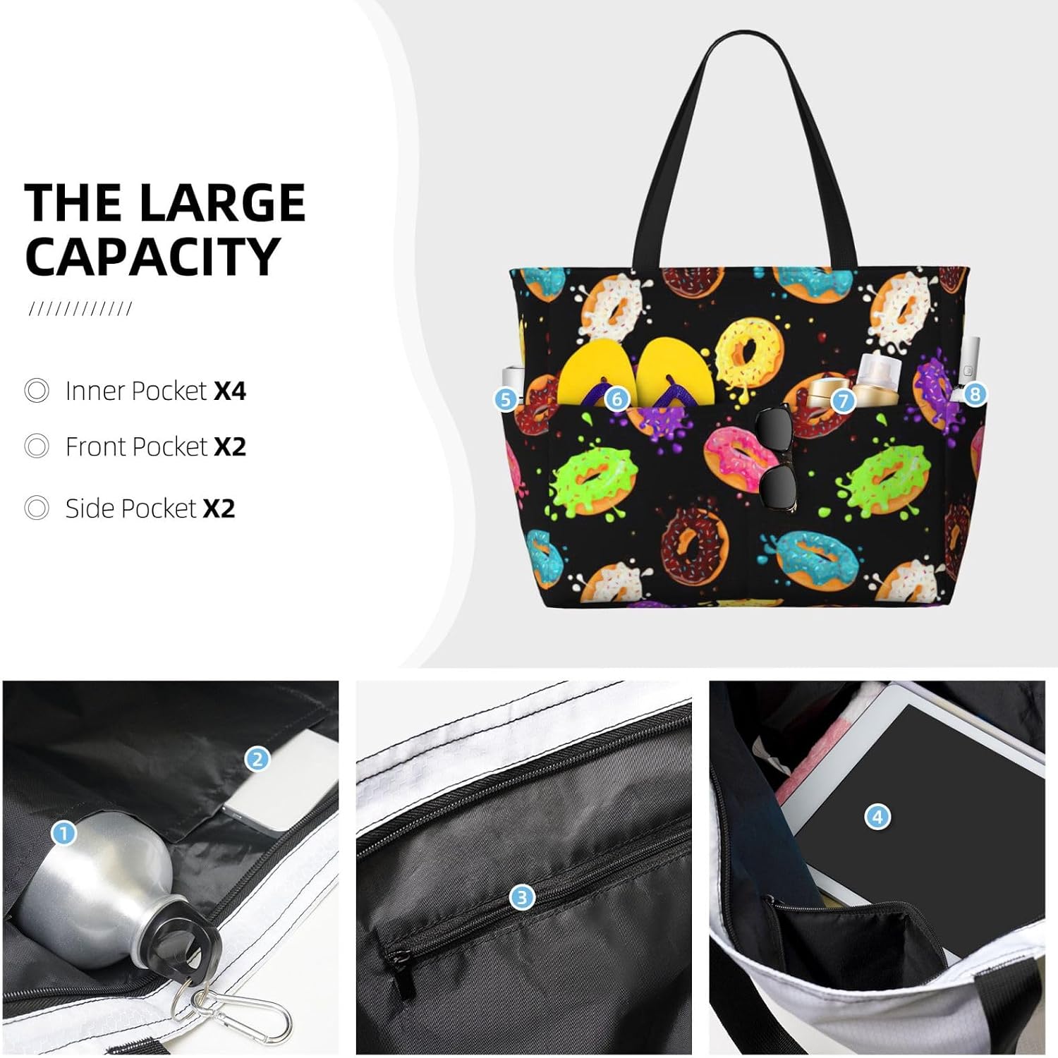 Donut Print Large Capacity Beach Travel Bags with Zipper and Pockets for Travel Vacation Fitness