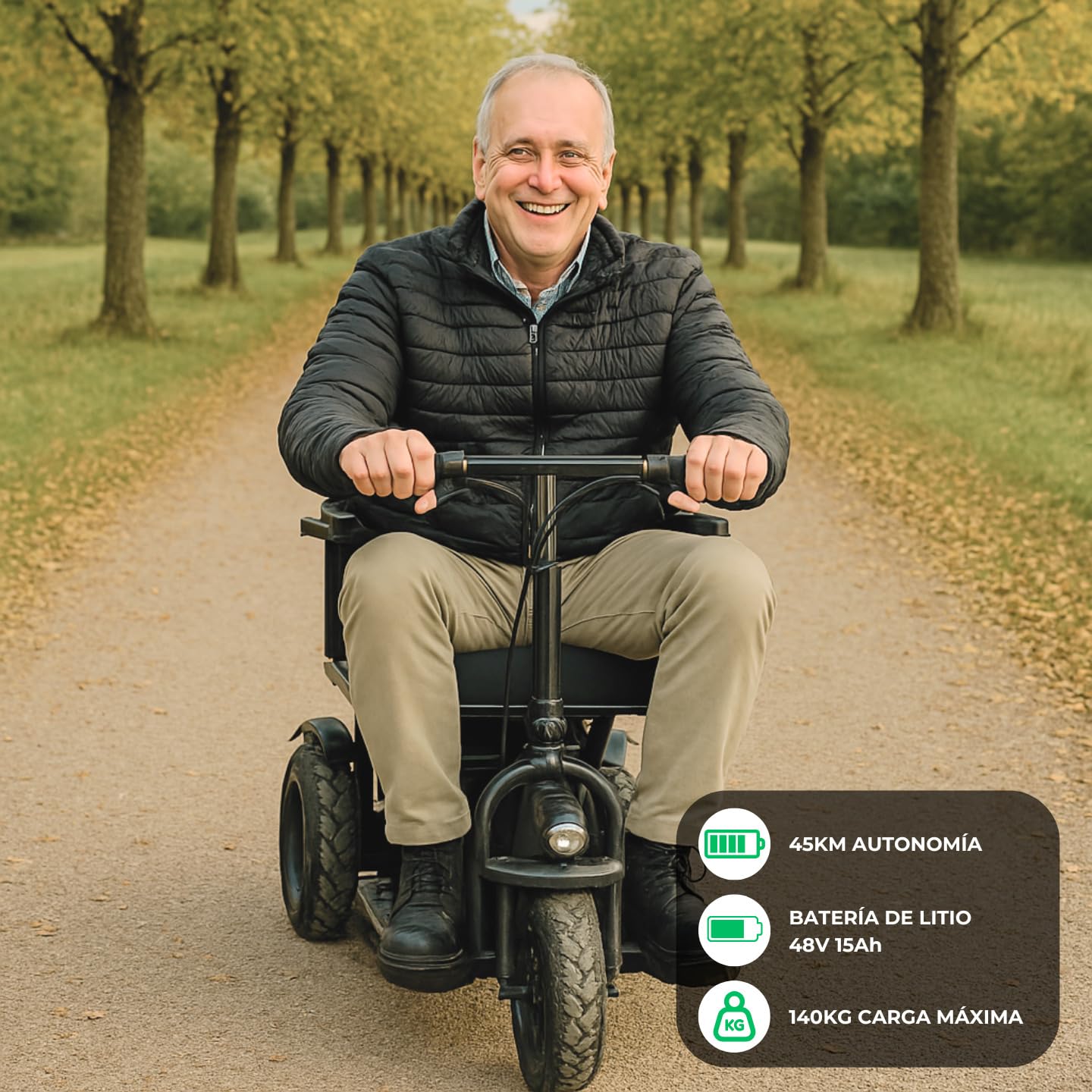 Silla de Ruedas Eléctrica - Scooter Eléctrico Adulto Plegable Auton 45Km Doble Motor 350W Todo Terreno - Minusválidos Ligero - Movilidad Reducida - Triciclo Eléctrico Plegable Ergonómico | CAREWAY