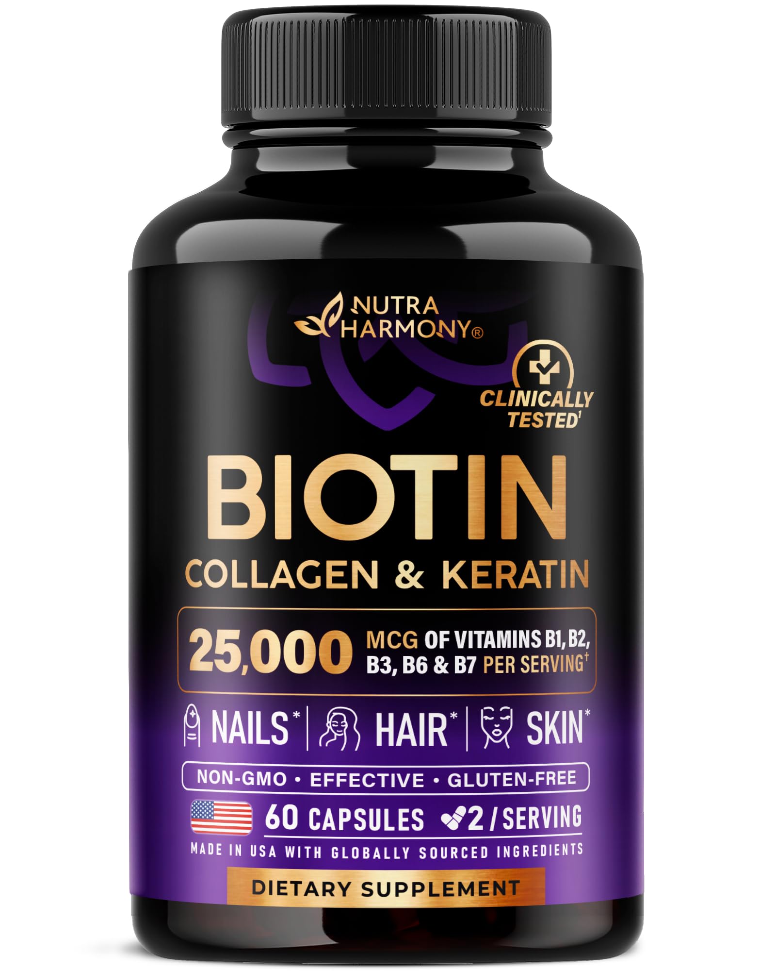 Biotin | Collagen | Hyaluronic Acid | Keratin - Clinically Tested Supplement** - Hair Growth Support, Skin & Nails - 25000mcg Vitamins B1, B2, B3, B6 & B7 - for Women & Men - Made in USA | 60 Capsules