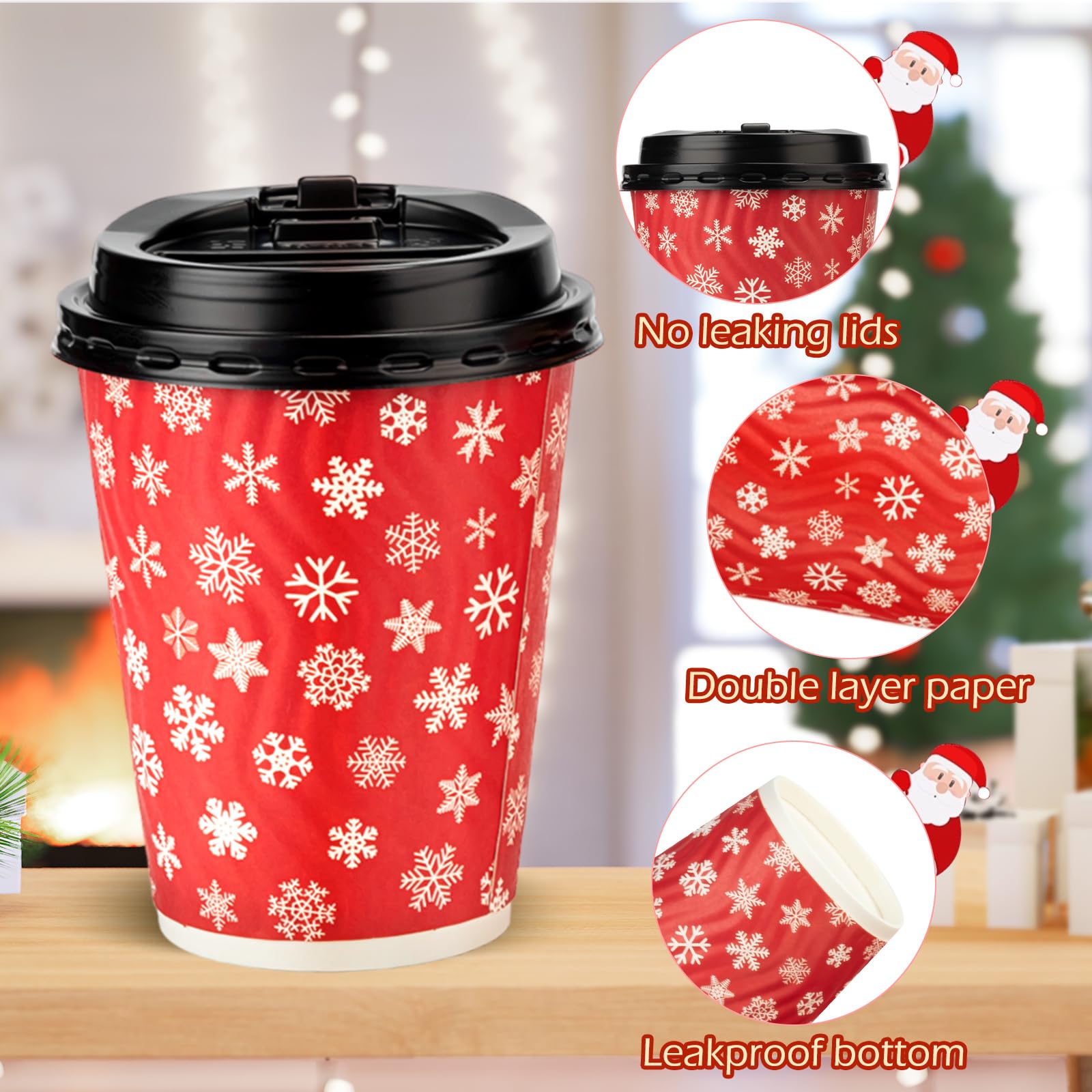 Maxcheck 100 bicchieri natalizi con coperchio, 350 ml, usa e getta, isolati, ondulati, per feste, cioccolato, decorazioni natalizie (stile alce e fiocco di neve)