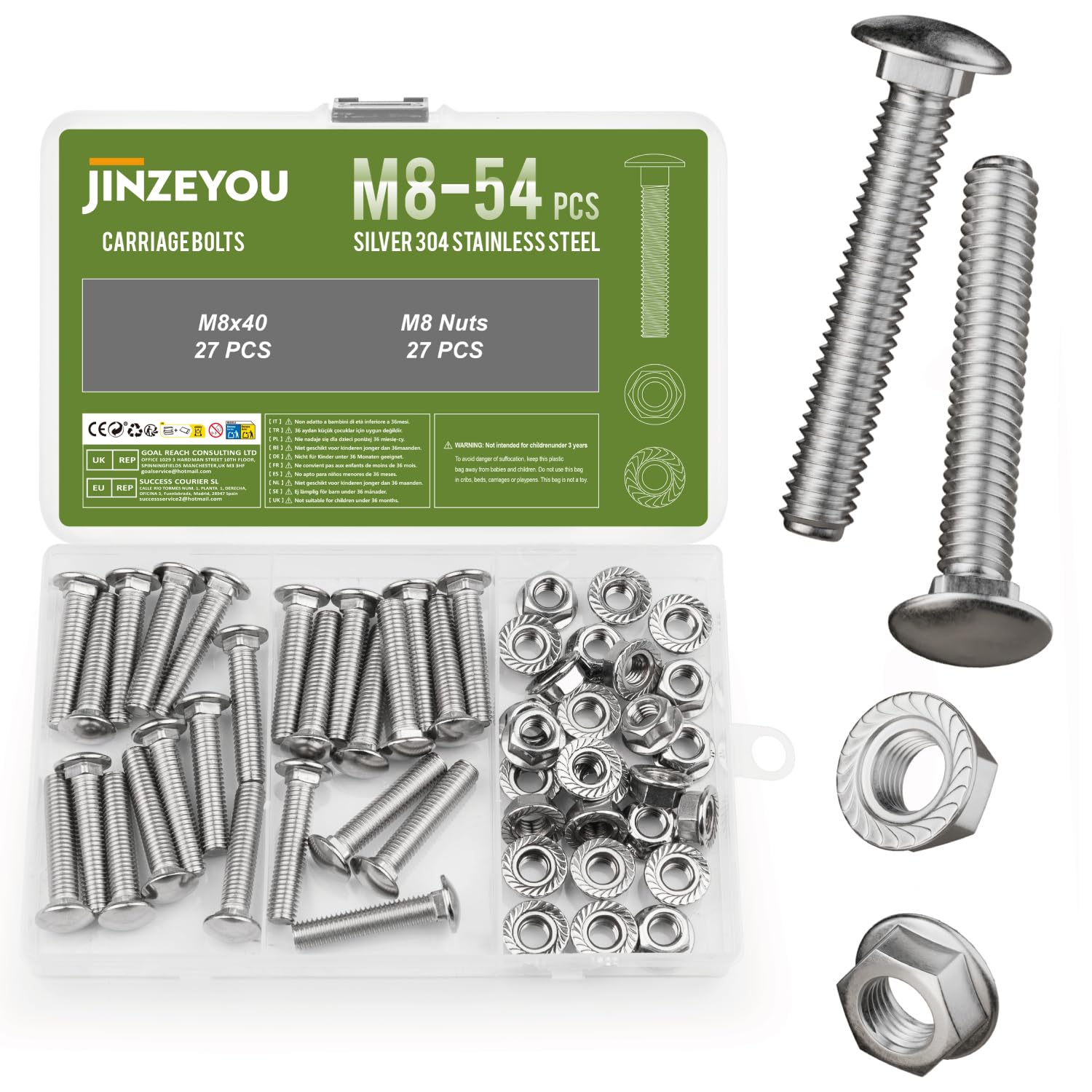 54 Pcs M8 Coach Bolts, M8 x 40mm Cup Square Carriage Bolts and Nuts Set, Stainless Steel Coach Screws with Hexagon Flange Nuts