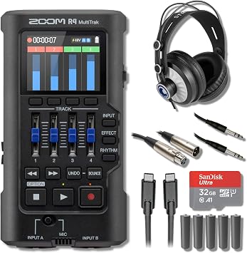 Zoom R4 4-Track Recorder Bundle with Cans50 Headphones, 10-ft + 6-ft XLR Cables, USB-C Cable, 32GB microSDHC, and 5x AA 32-Bit Float Studio Recorder for Vocal Recording, Songwriting, Demo Tracking