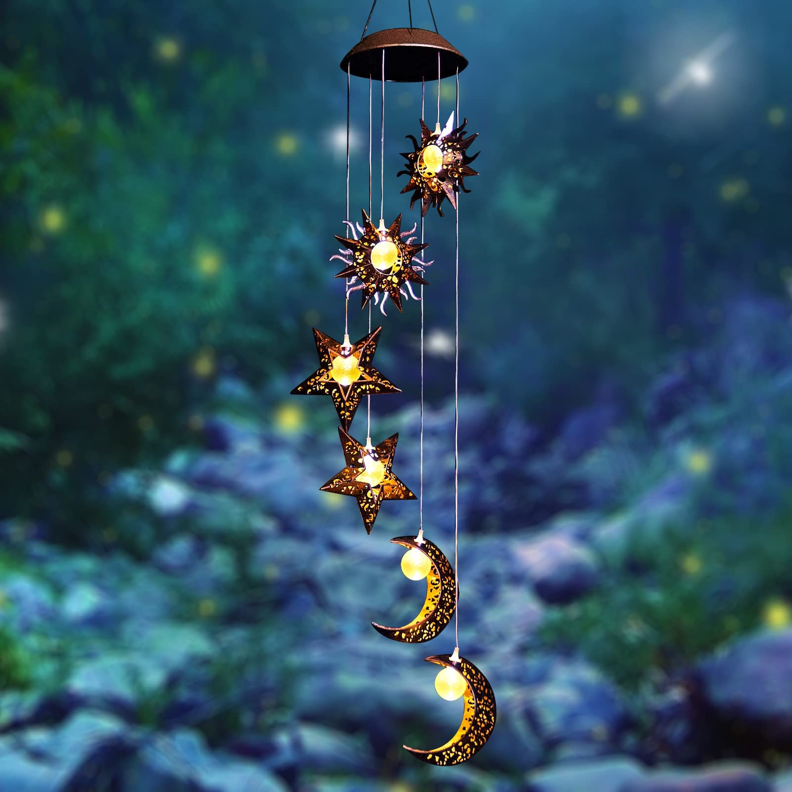 – NALACAL Solar Powered Wind Chimes with Sun Moon Star Warm LED Windchimes Hanging Outdoor Lights Unique Decor Gifts for Wife Mom Grandma Neighbors