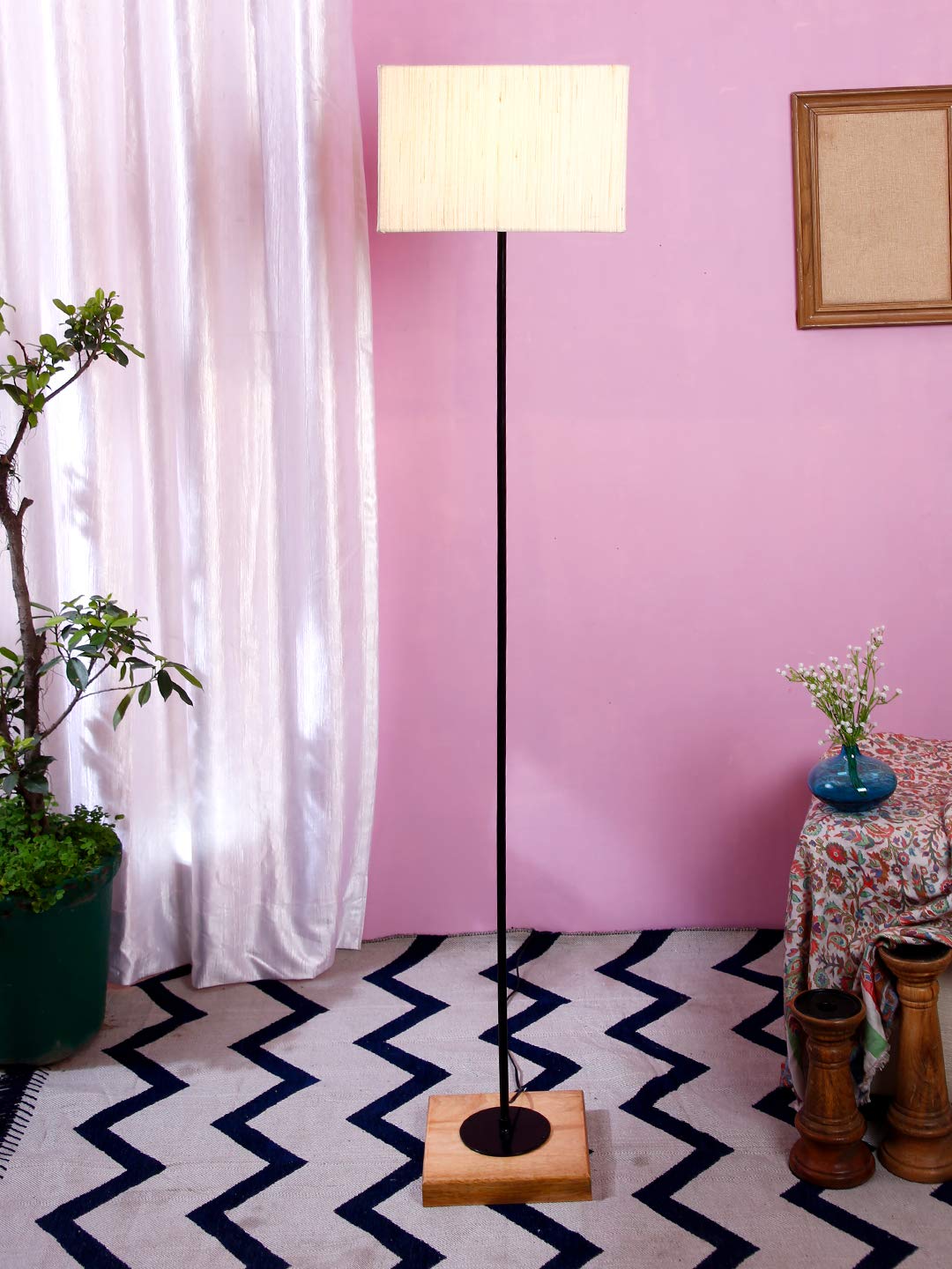 Devansh Off-White Cotton Square Shade Stick Floor Lamp with Wood Square Base-picture-14