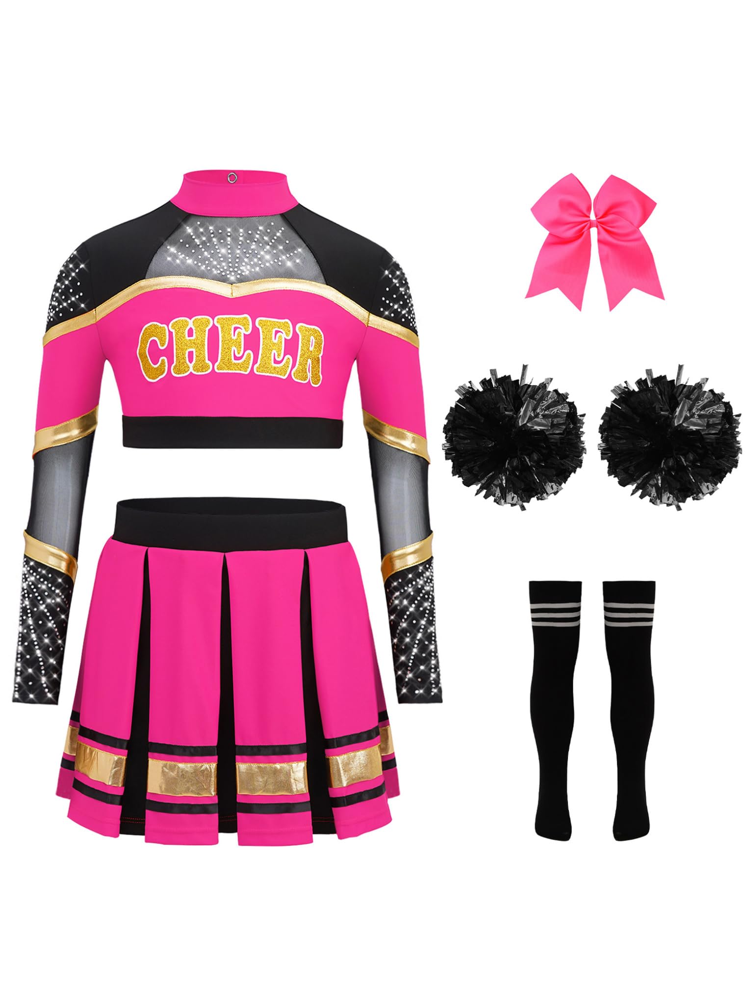 Hansber Cheerleading Uniform dla dziewcząt, koszulka z krótkim rękawem + plisowana spódnica, nowoczesny strój do tańca, kostium karnawałowy