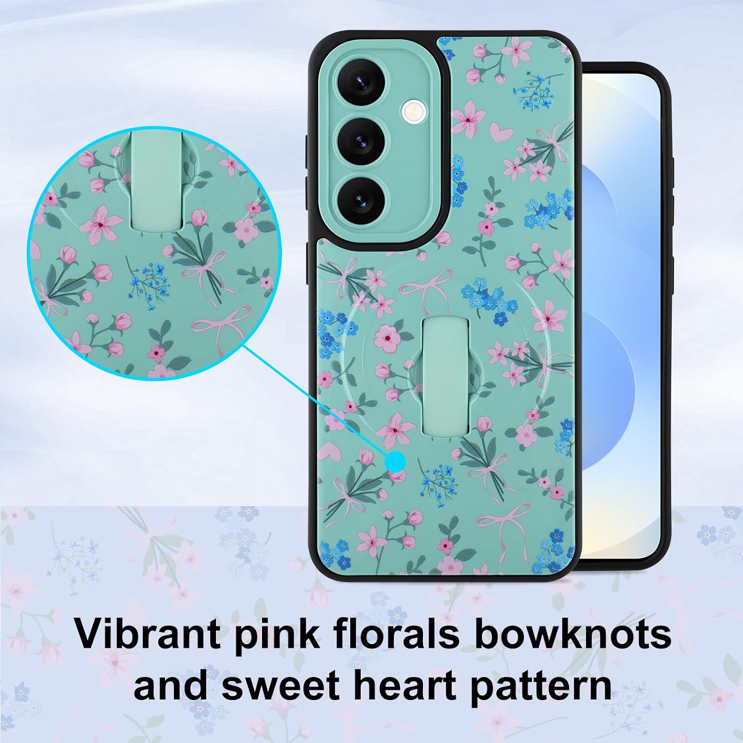 for Samsung Galaxy S25 Case, Finger Strap Kickstand[Compatible with MagSafe] Cute Pink Flower Heart Bowknot Print for Women Girls, Full Camera Protection Aesthetic Shockproof TPU,Blue