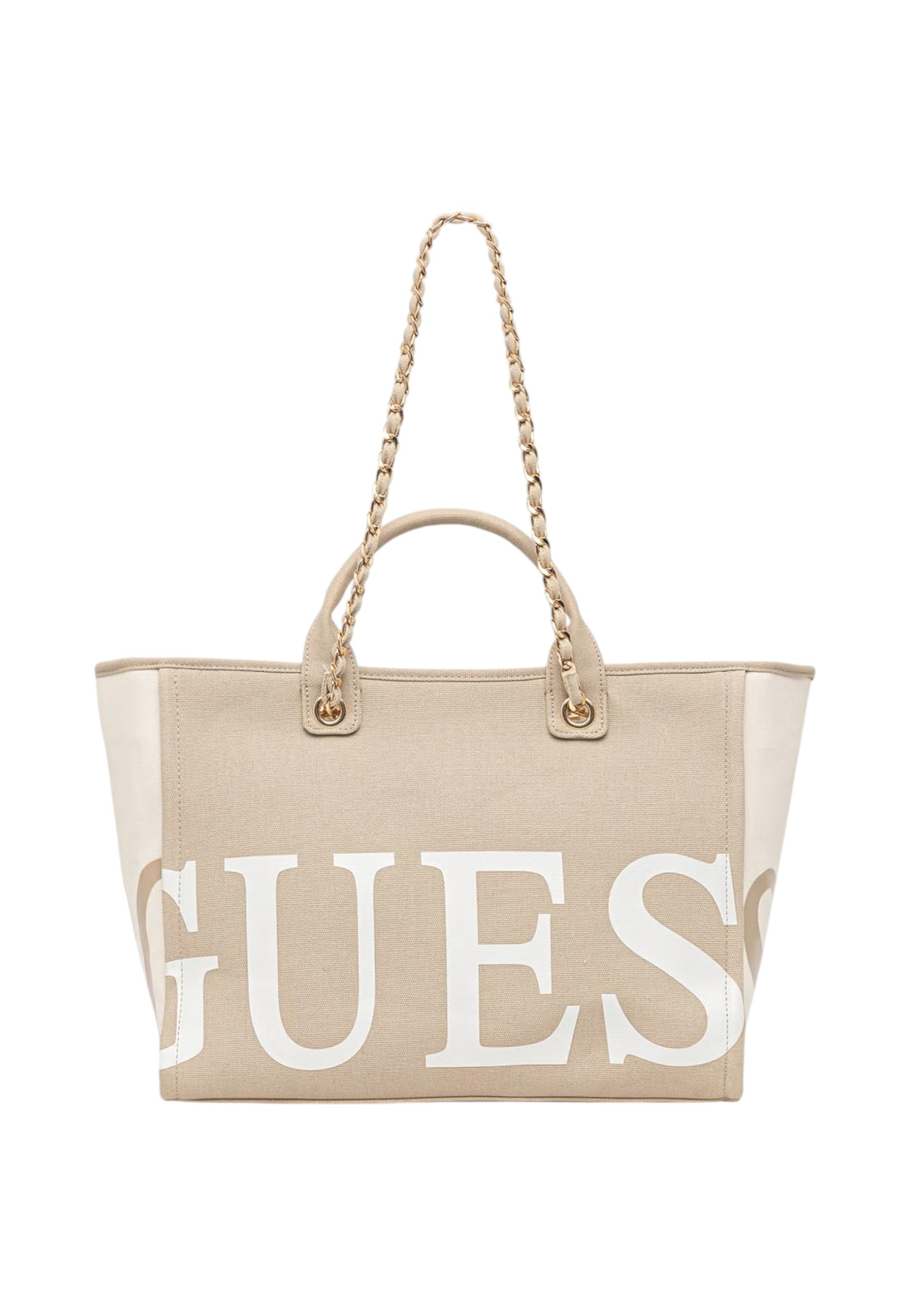 GUESS Strandtasche für Damen aus Stoff mit Logo, Beige, 50 x 31 x 18 cm, mit Griffen und Kettengurt, Reißverschluss