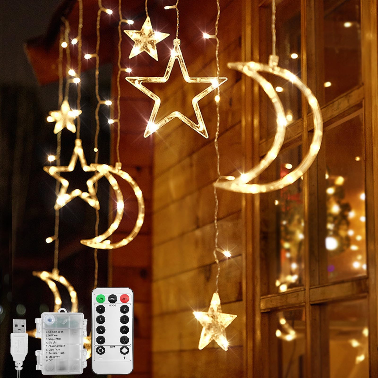 Jsdoin Ramadan LED String Lights - 3.5m Star Moon LED Curtain Lights with 8 Flashing Modes Decoration for Christmas, Wedding, Party, Home, Terrace, Ramadan,Lawn,USB/Battery Powered (Warm White)