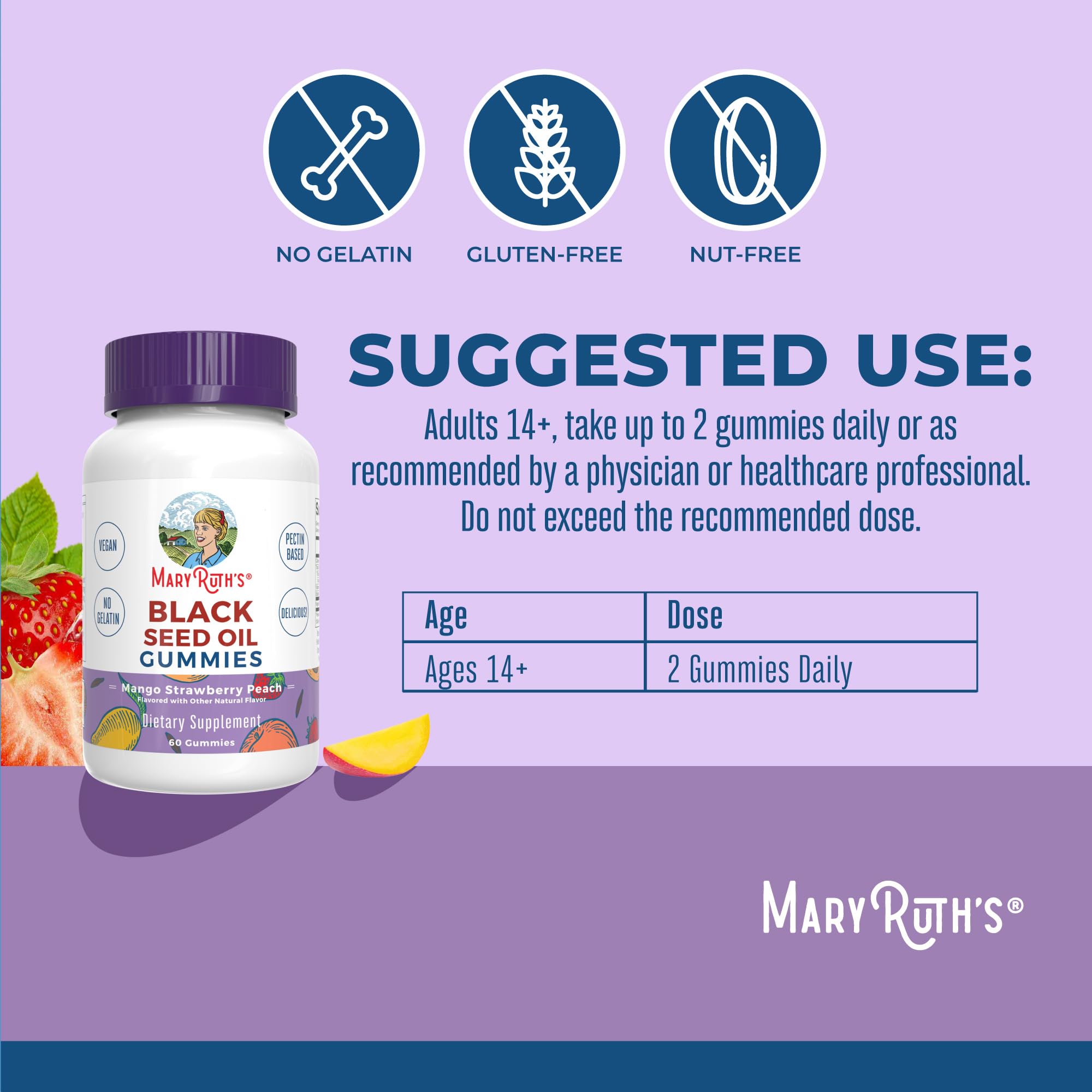 MARYRUTH'S Black Seed Oil Gummies, Mango Strawberry Peach, 60 ct — Amazon image 3