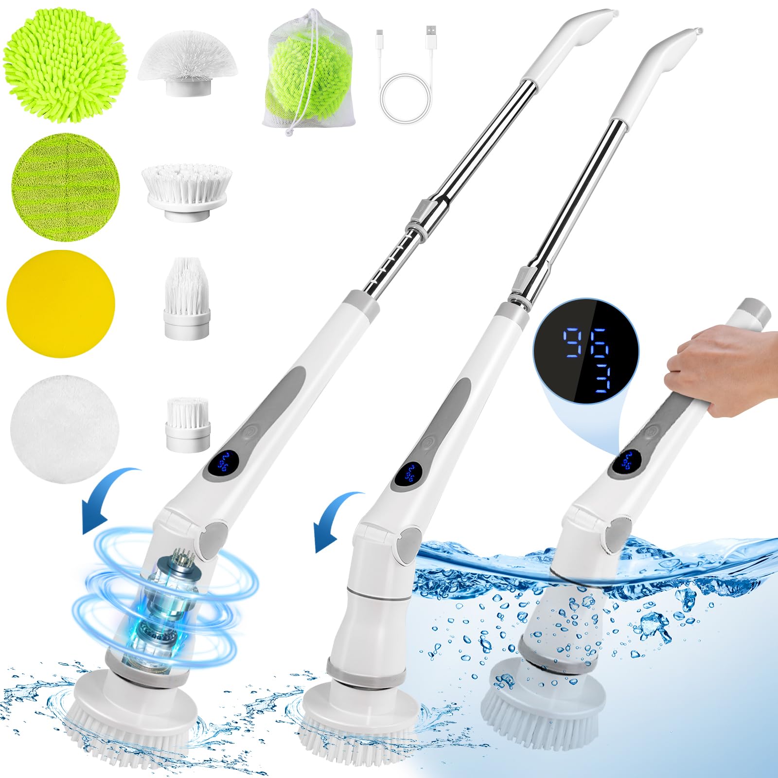 Electric Spin Scrubber with 4 Adjustable Angles,2024 Upgraded Cordless Cleaning Brush LCD Display,IPX7 Shower Scrubber with Long Handle & Brush Heads,3 Speed Power for Bathroom Floor Tile