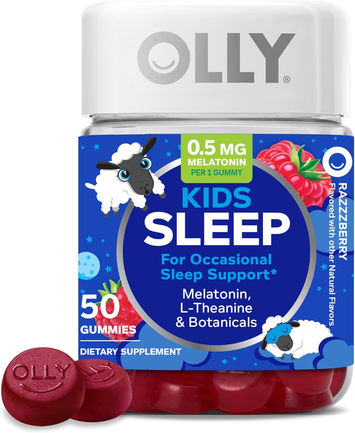 OLLY Kids Sleep Gummy, 0.5mg Melatonin, L Theanine, Chamomile, and Lemon Balm, Childrens Chewable Supplement, Raspberry - 50 Count