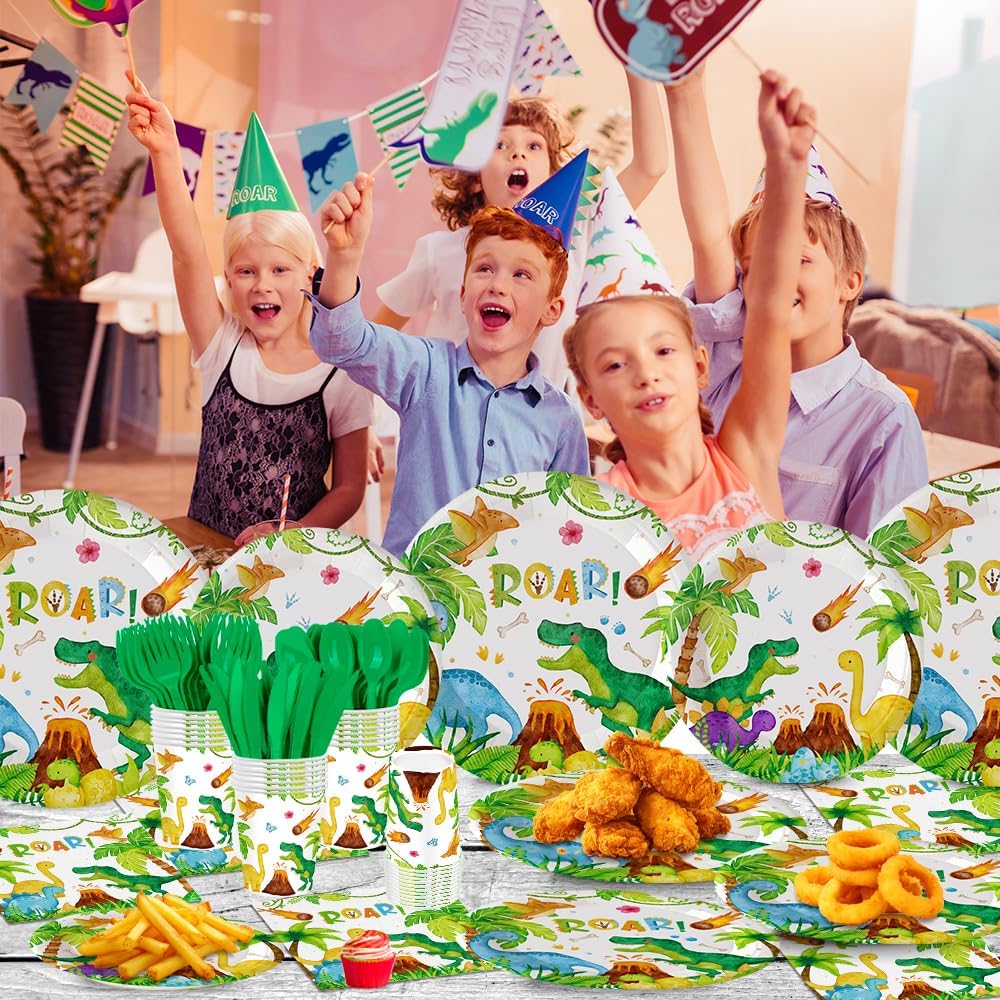 140Pcs Dinosaur Birthday Party Supplies Tableware Set Dinosaur Party Decorations Plates and Napkins Baby Shower Dino Party Paper Plates, Serve for 20
