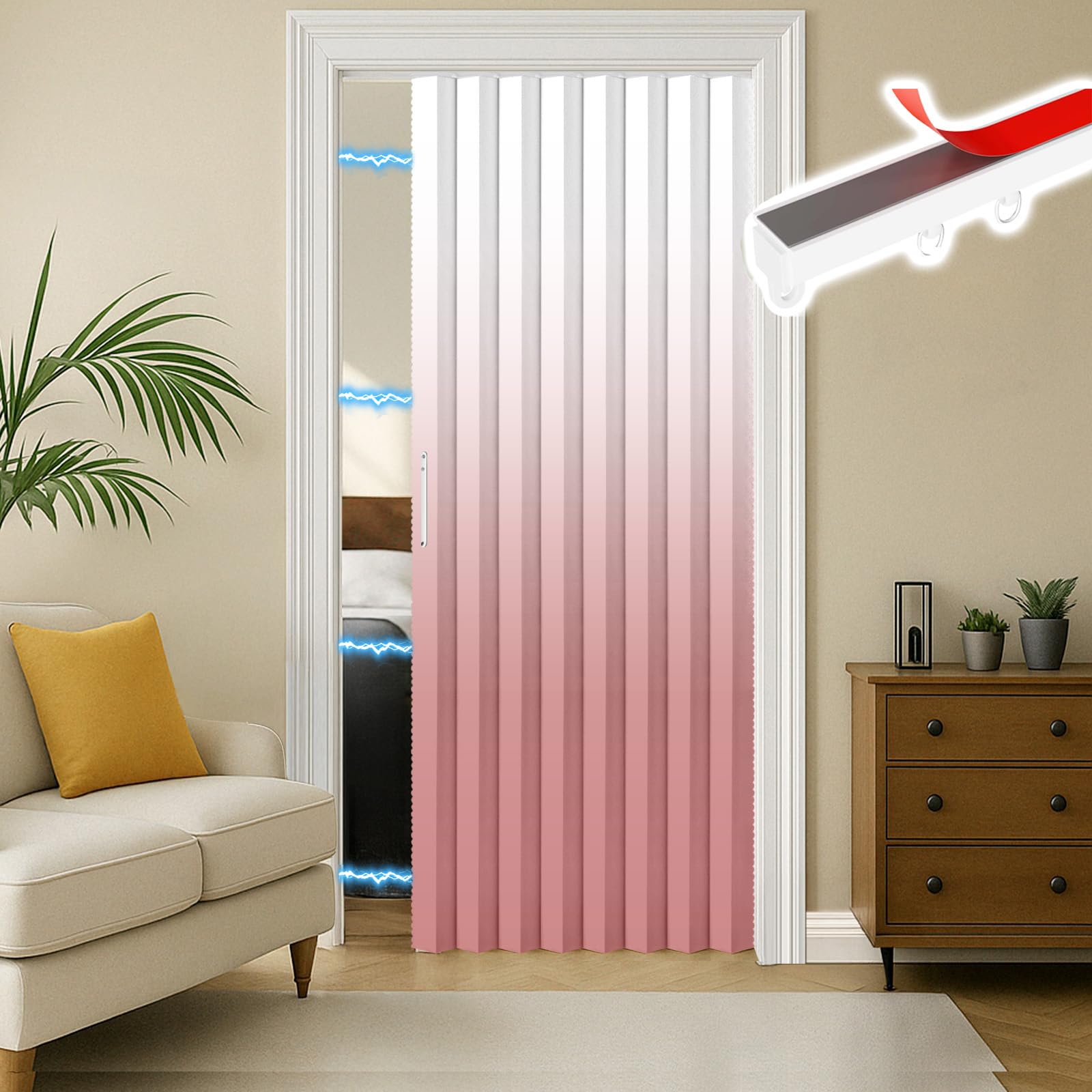 RINHARTEX Blackout Accordion Style Magnetic Door Curtain Sets Included Tracks for Closet Pleated Folding Doorway Curtain Accordion Door Interior Room Divider Bedroom Bathroom