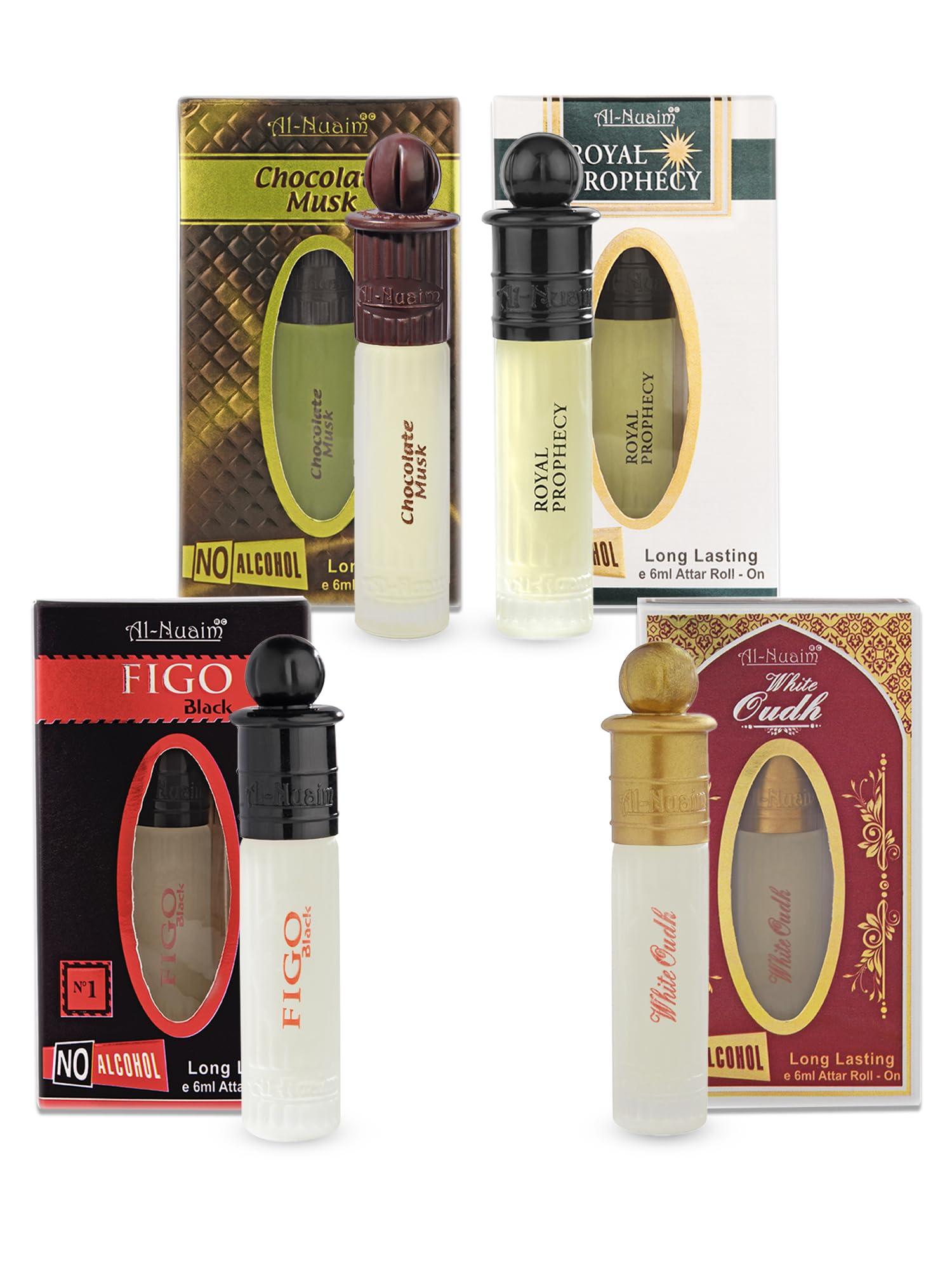 Al-Nuaim Chocolate Musk, Royal Prophecy, Figo Black & White Oudh Attar - Pack of 4 (6ml Each) | Alcohol Free | Attar Roll On | Luxury Scent-picture-19