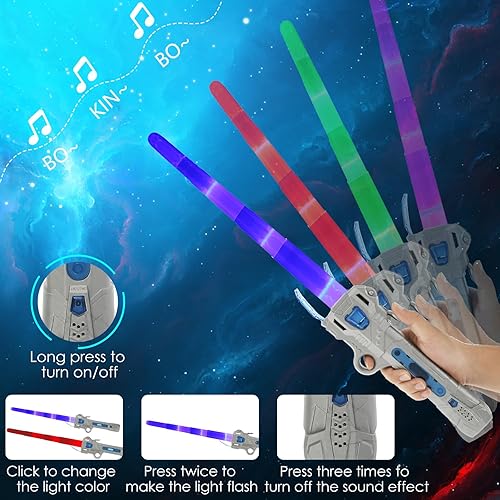 Miniatura 5 de Paquete de 2 sables de luz, 2 en 1, retráctiles, 7 colores intercambiables, sables de luz LED con sonido, espadas de luz LED expandibles, oscilación