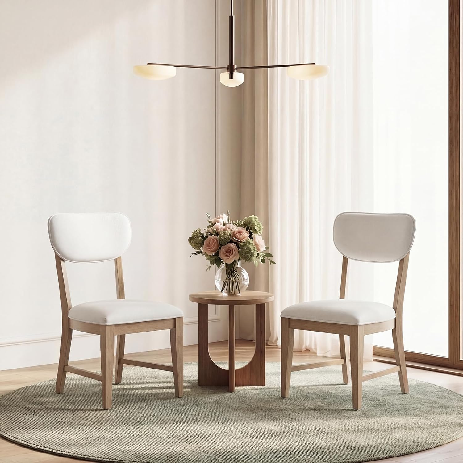 COLAMY Solid Wood Dining Chairs Set of 6, Mid Century Modern Upholstered Kitchen Chairs with 3.3" Thick Cushion & Anti-Slip Pads, Farmhouse Rubber Wood Dining Room Chairs, Oak Nature