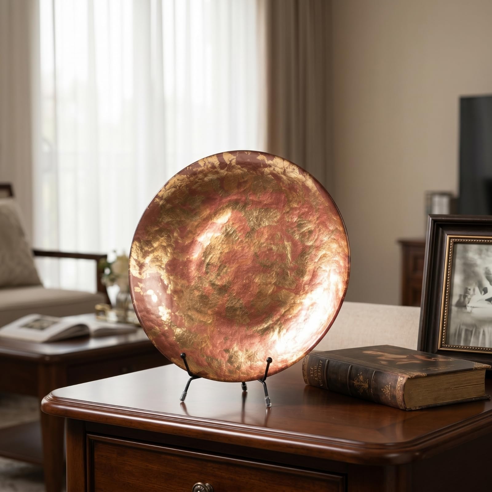 Baoblaze Vassoio Decorativo Rotondo in Vetro Piatto Centrotavola Supporto Disco in Cristallo Caldo Rosso Oro E Supporto Metallico Stabilizzato Adatto a Consolle Ingresso Scaffalatura Studio