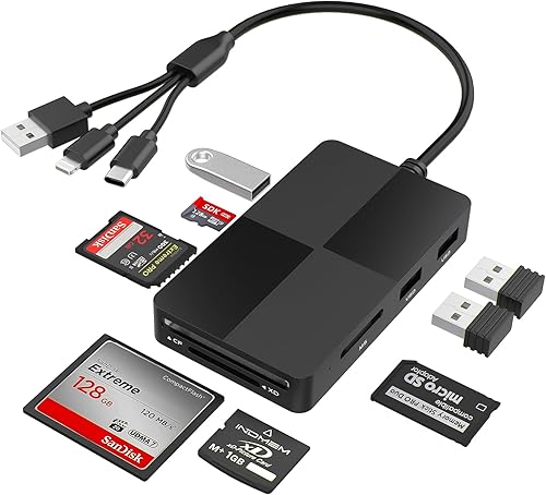 Lector de tarjetas de memoria 8 en 1 con 3 puertos USB, adaptador Lightning/USB-C/USB-A para iPhone/Android/PC/Mac, compatible con tarjetas