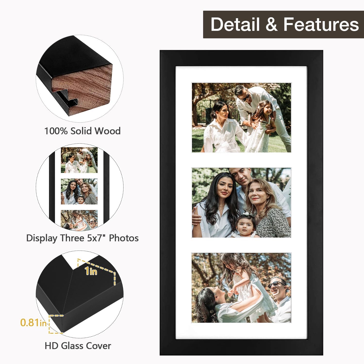 Golden State Art, Set of 3, 9x18 Black Wood Frame - White Mat for Three 5x7 Pictures - Sawtooth Hangers- Swivel Tabs - Wall Mounting - Landscape/Portrait - Real Glass - Collage Frame