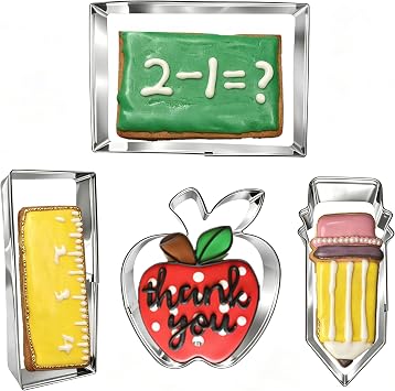 Back to School Cookie Cutters Set, 4PCS Themed Shapes with Apple, Pencil, Ruler,Chalkboard Stainless Steel Teacher Biscuit Cutter