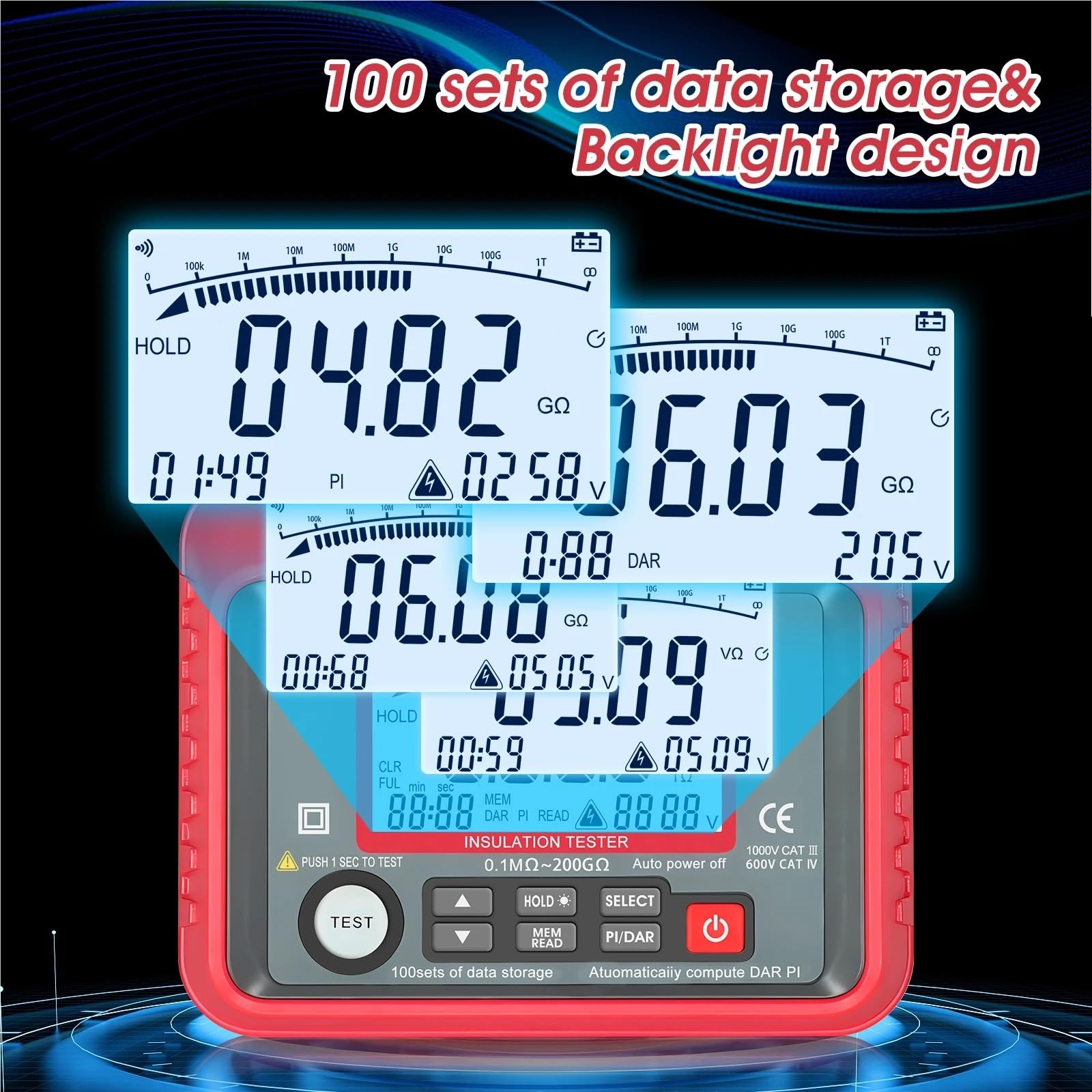 Elektroniczny tester obciążenia, Megaomomierz cyfrowy 250 V–2500 V, tester rezystancji izolacji, przyrządy i narzędzia diagnostyczne płytek drukowanych, zakres 0,1 MΩ–40 GΩ(TS58)