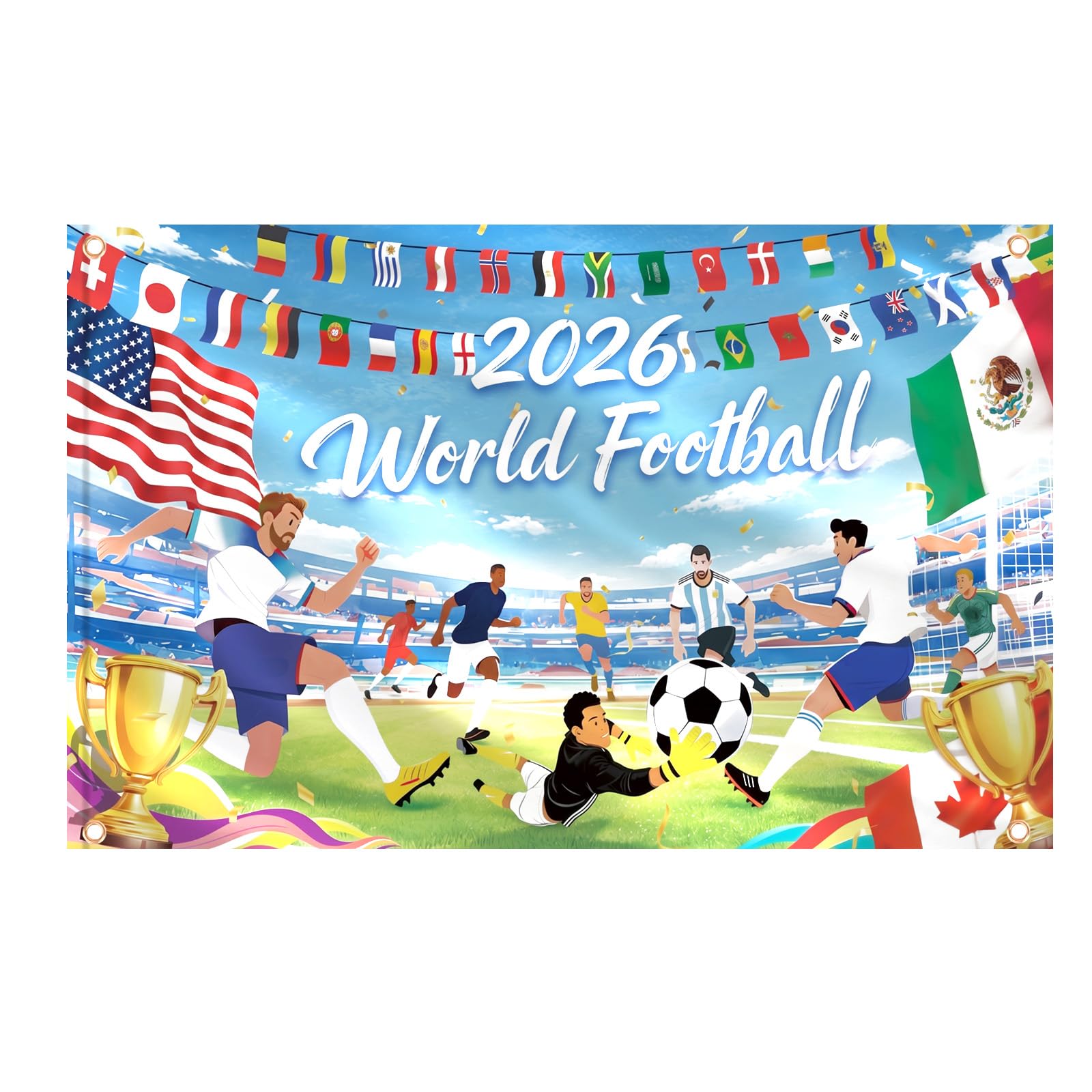 AhfuLife 5ft x 3ft World Football Cup Flags for 2026 Decorations, 1pcs Large World Football Cup Backdrop Banner - Double Side with Four Brass Eyelets for Table Wall Garden Street Indoor Outdoor Party — image 1