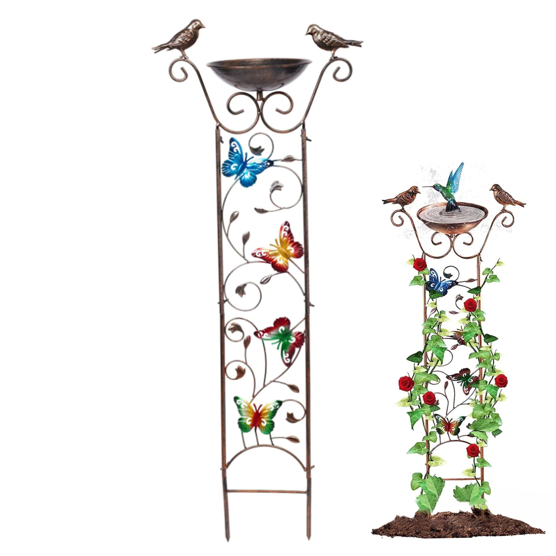 Abreuvoir en métal autoportant haut de gamme avec mangeoire oiseaux et treillis sculpté