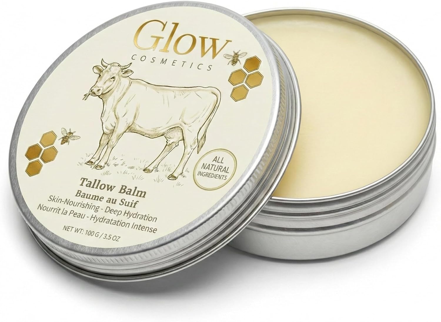 GLOW COSMETICS - Tallow Balm – 100% Natural Face & Body Moisturizer | Hydrating Cream with Grass-Fed Tallow, Honey & Olive Oil | Deep Nourishment for Dry, Sensitive Skin – 3.5 oz / 100Gr