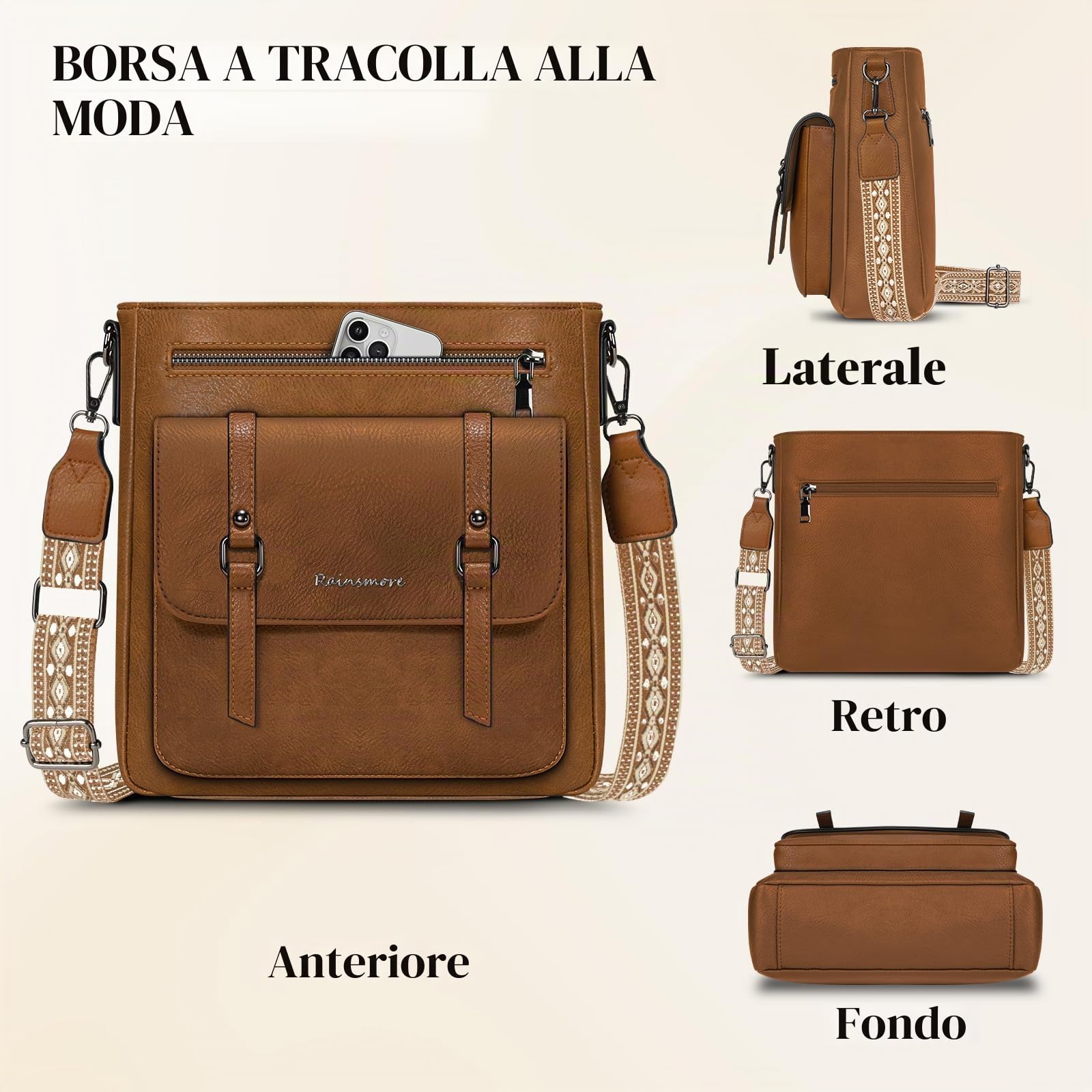 RAINSMORE Borsa Tracolla Donna Borse a Tracolla Borsetta Donna | Multitasche Borse a Spalla in Pelle Media Crossbody Bag per la Shopping Scuola Lavoro Viaggio