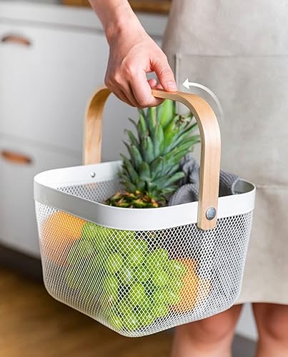 Miniatura 7 de Cesta organizadora de almacenamiento de acero de malla, cesta de frutas con mango de madera, ideal para cocina, baño, cestas de picnic, despensa,
