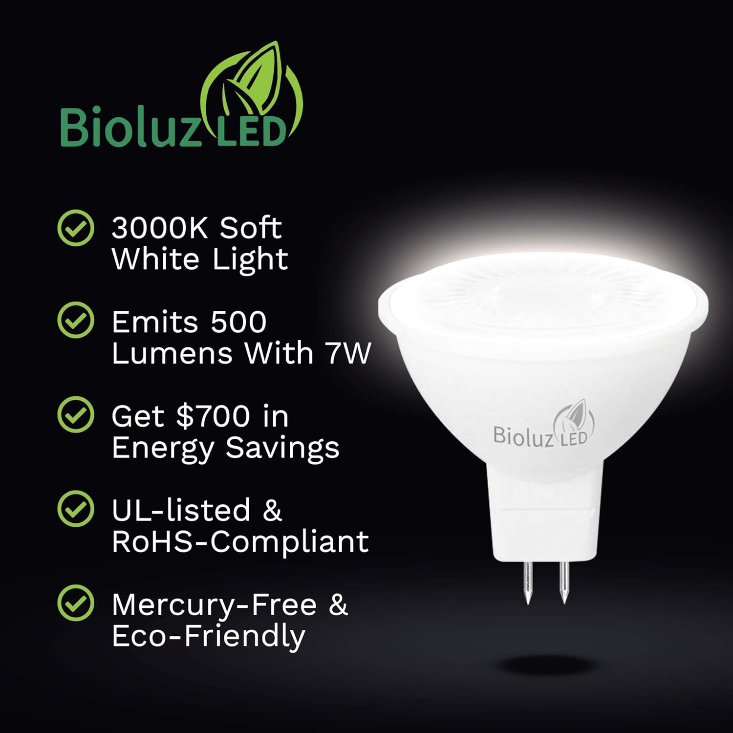 Bioluz LED Light Bulb - MR16 LED Bulb, 7W LED Light - 10 Pack 50W Halogen Replacement Non-Dimmable 3000K 12V AC/DC UL Listed Light Bulbs, LED Lights for Bedroom, Home Decor, Energy Efficient Lighting