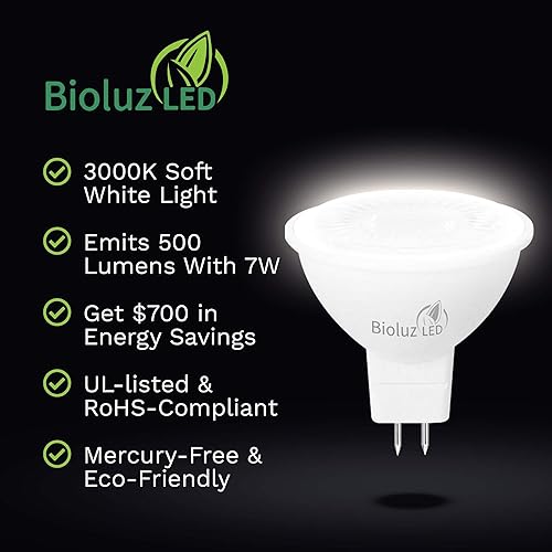 Miniatura 2 de Bioluz LED Bombilla LED MR16, luz LED de 7 W, paquete de 6 bombillas halógenas de 50 W, no regulables, 3000 K, 12 V, CACC, certificación UL, luces