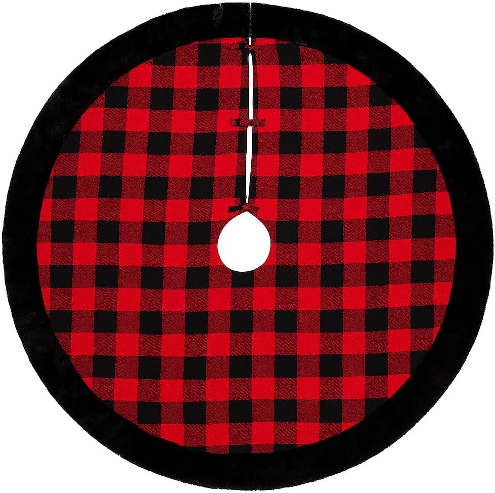 Fennco Styles Red & Black Buffalo Plaid Design Christmas Tree Skirt with Black Faux Fur Border 53" Round - Festive Tree Skirt for Home, Winter Holidays, Office, School Décor
