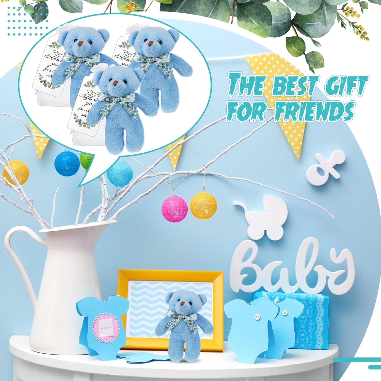 Wettarn 50 Sets Small Tiny Plush Bear Bulk 4.72 Inch Mini Stuffed Animals Small Bear Party Favors with Thank You Tags and Mesh Bags for DIY Keychain Birthday(Blue)