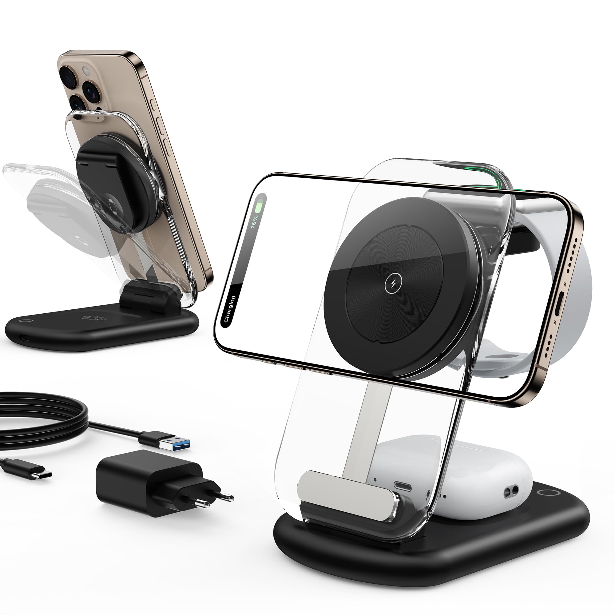 Estación de Carga inductiva, estación de Carga MagSafe 3 en 1 Compatible con iPhone 17 16 15 14 13 12 Pro MAX/Air/Plus/Pro, para Apple Watch 10/9, AirPods 3/2/Pro, Plegable, Negro carbón