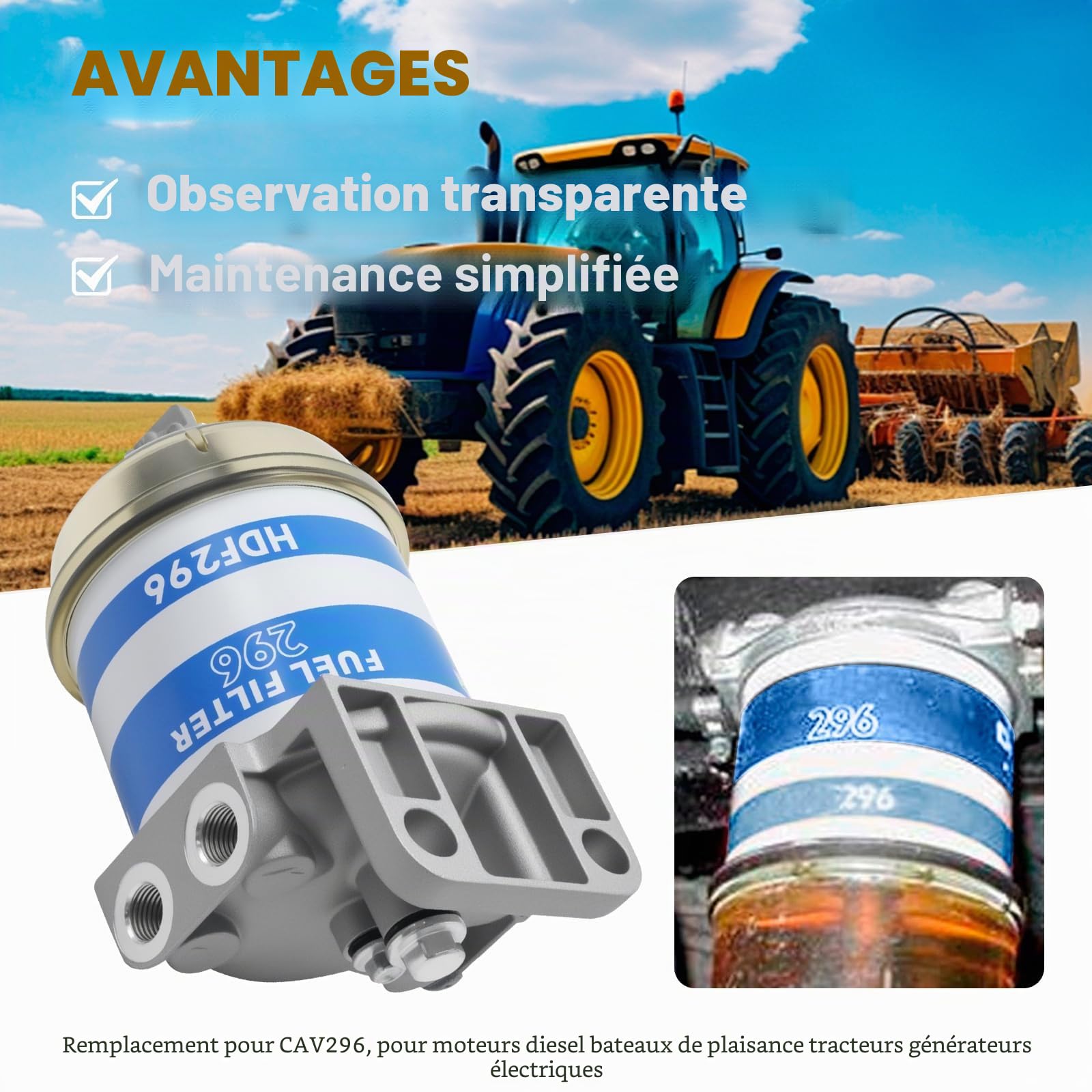 Filtre à carburant diesel séparateur d'eau, remplacement pour CAV296 moteurs diesel, bateaux de marine, tracteurs, générateurs électriques, pour Massey Ferguson 133 135 140 140 145 165 165