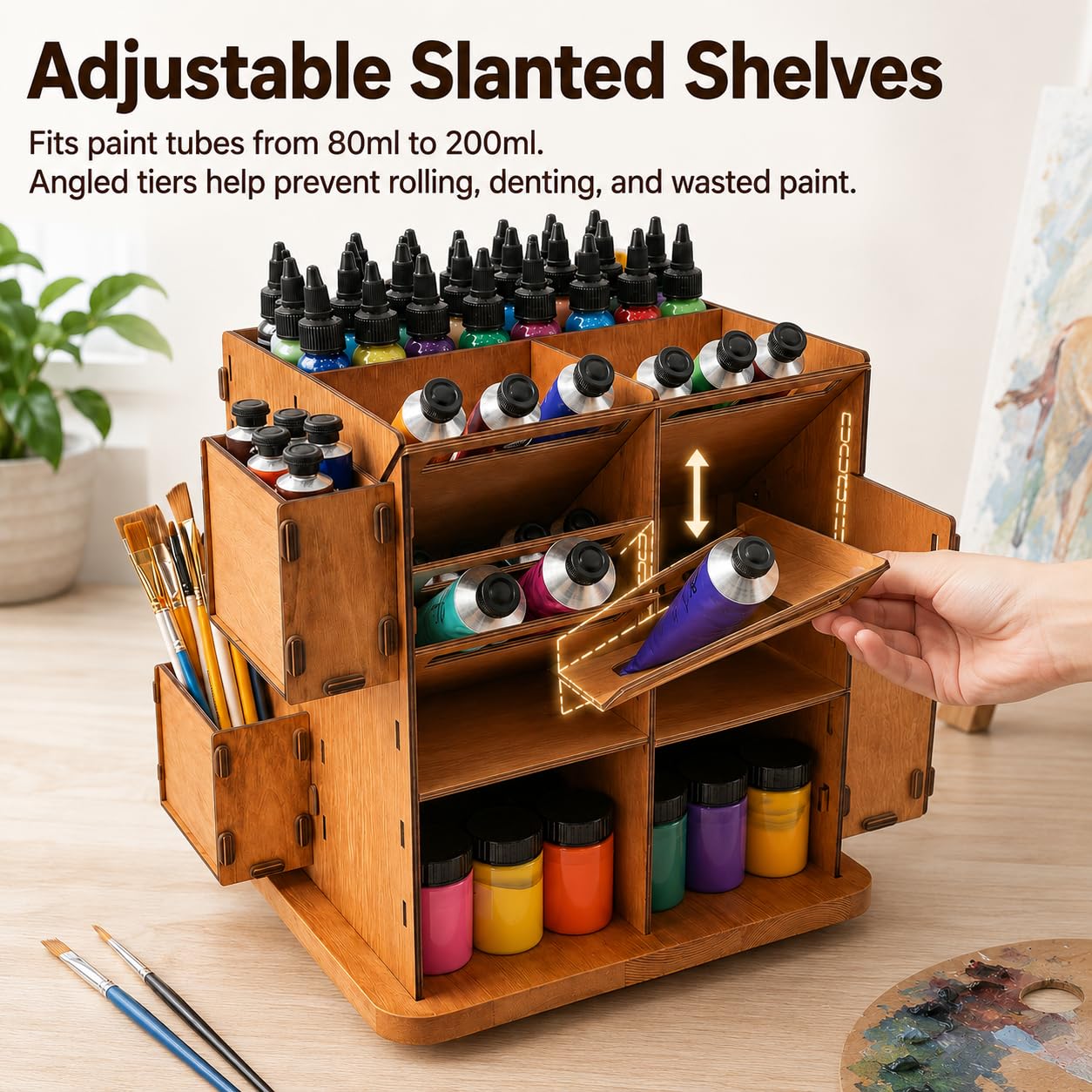 Organizador giratorio de tubos de pintura para pintura acrílica y al óleo, almacenamiento de suministros de arte de madera con soporte para botella de disolvente y soporte para pinceles