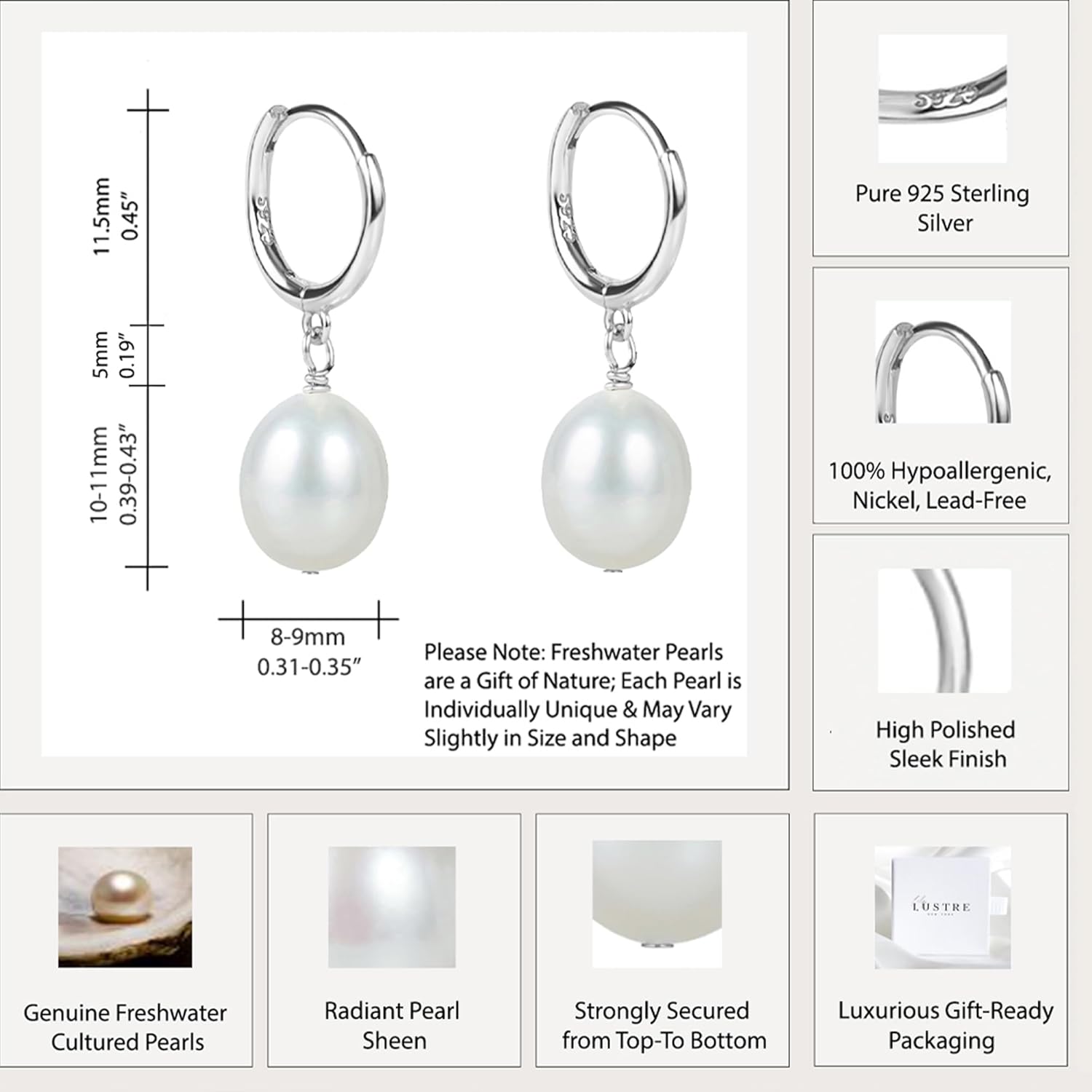 LILY LUSTRE Pearl Earrings for Women, 14k Gold Plated 925 Sterling Silver, AAAA Genuine Freshwater Cultured Pearls in Drop & Coin Shapes, Hoop & Leverback Styles