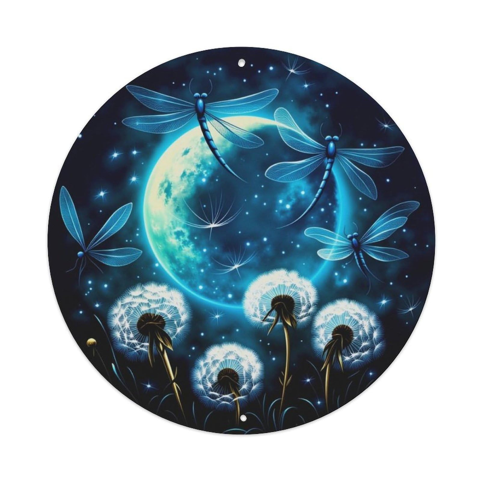 Moonlight Dragonfly Dandelion Art Round Decorative Sign Vintage Aluminium Metal Sign, Retro Wall Decor for Home, Bar, Garage & Farmhouse 20x20cm