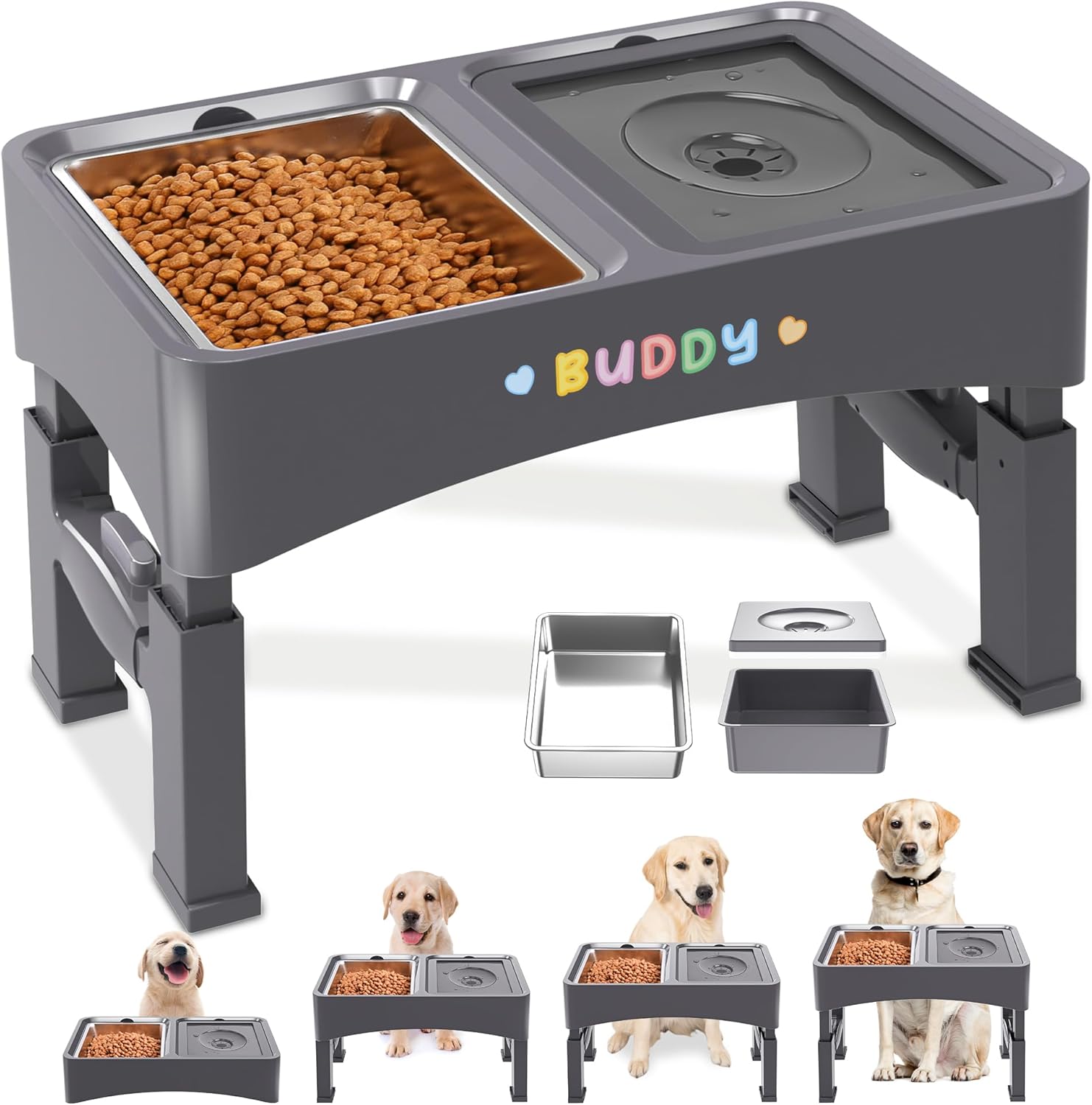 Decflow 3-in-1 Elevated Dog Bowls, 4 Height Adjustable Raised with Stainless Steel, Slow Feeder, No Spill Water Bowl, DIY Stickers Foldable Pet Bowl for Medium Large Dogs