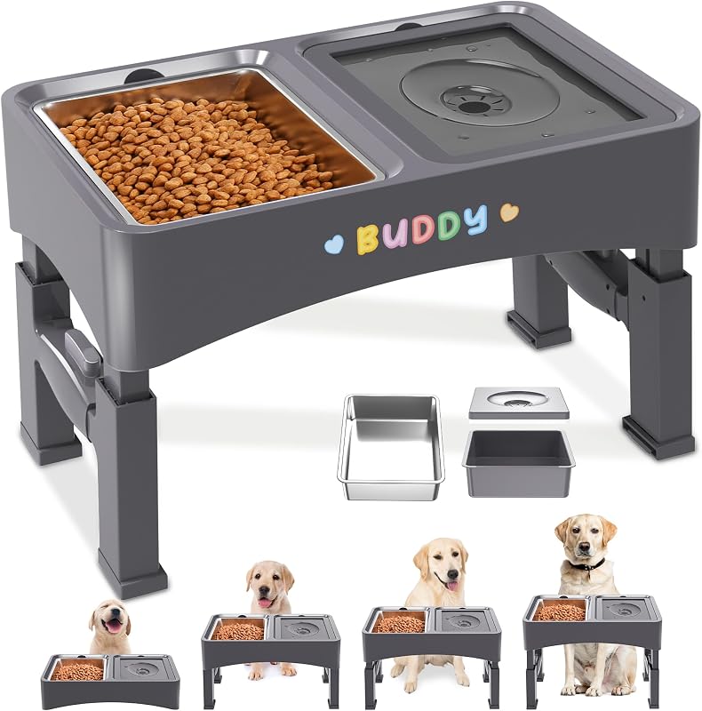 Comedouro Elevado para Cães Decflow com 2 Tigelas e Suporte Dobrável com 4 Alturas Ajustáveis