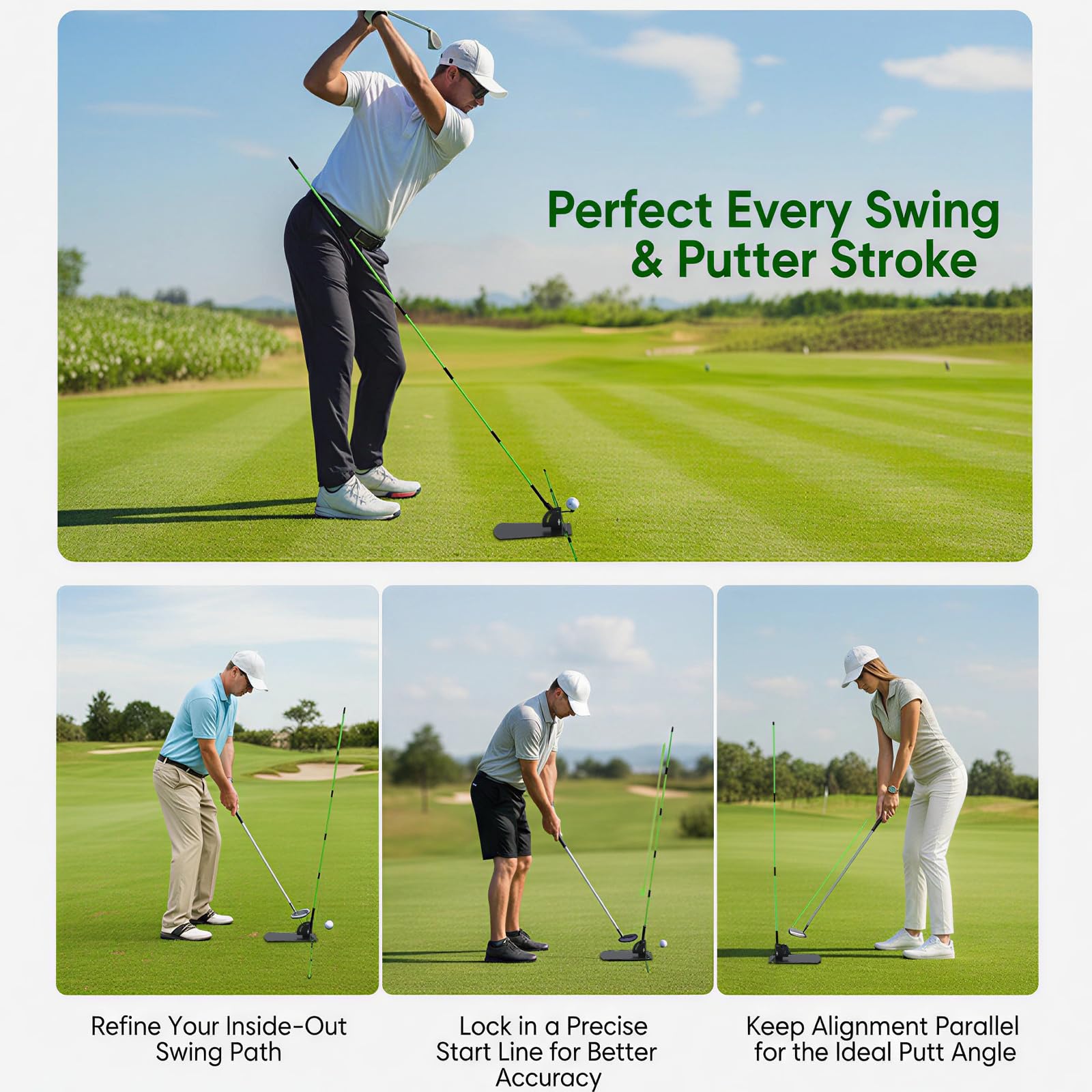Soporte para palos de alineación de golf con ángulo ajustable, ayuda de entrenamiento de swing de golf para apuntar a putt, ayuda de entrenamiento de golf con 2 palos de alineación y bolsa portátil