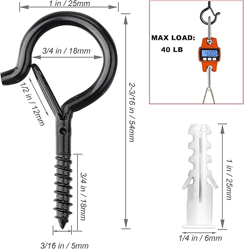 Miniatura 26 de PlusRoc Paquete de 20 ganchos de tornillo para colgar plantas al aire libre, resistentes de 2.2 pulgadas, gancho de ojo negro, gancho de techo